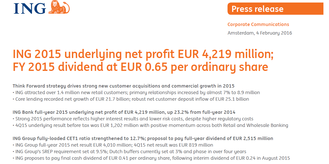 ING 2015 underlying net profit EUR 4,219 million; FY 2015 dividend at